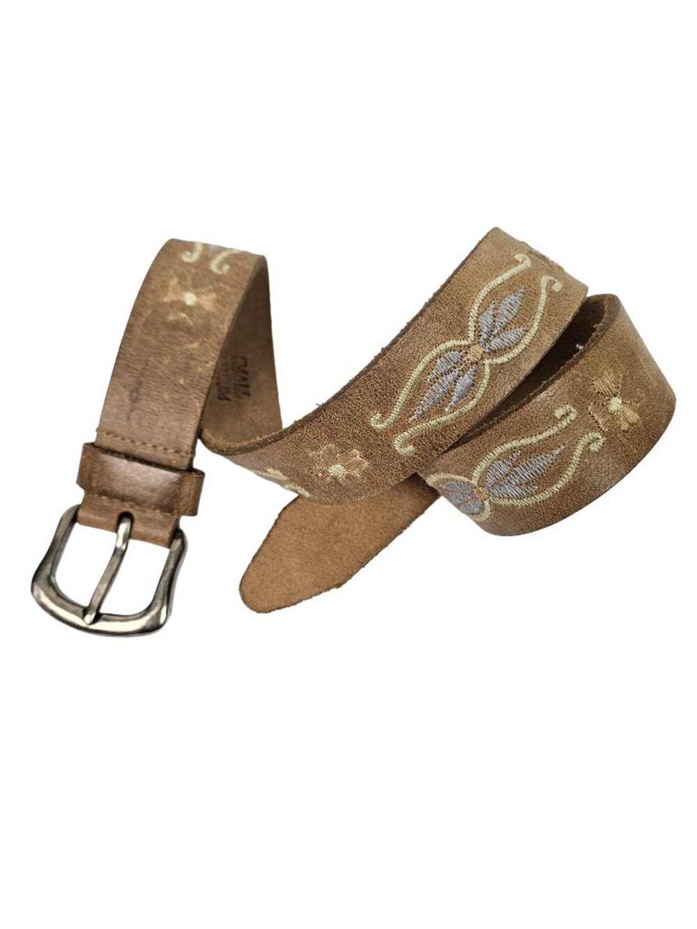 Boho Western Tan Brown Floral Embroidered Leather Belt